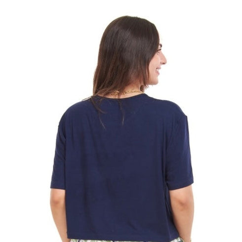 Ensemble pyjama d'été femme T-shirt courts bleu foncé + pantalon fleurs colorées