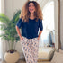 Ensemble pyjama d'été femme T-shirt courts bleu foncé + pantalon fleurs colorées