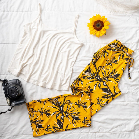 Ensemble pyjama d'été femme, chemisier blanc cassé+ pantalon à motif feuilles