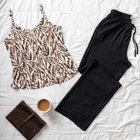 Ensemble pyjama d'été femme T-shirt zébre + pantalon noir