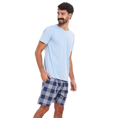Ensemble pyjama été homme T-shirt bleu clair + Short à Carreaux bleu clair X bleu