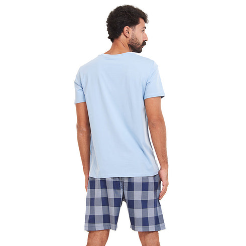 Ensemble pyjama été homme T-shirt bleu clair + Short à Carreaux bleu clair X bleu