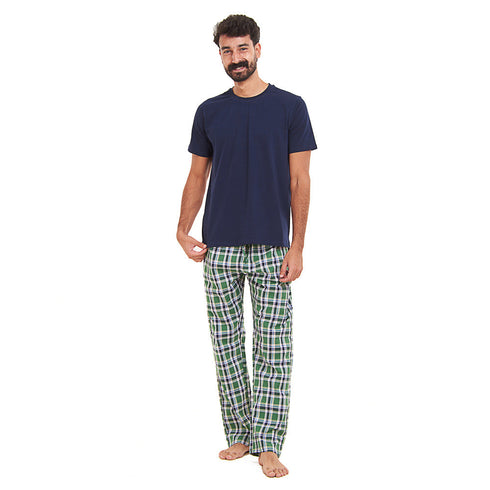 Ensemble pyjama été homme T-shirt bleu foncé + Pantalon à Carreaux Vert x Foncé