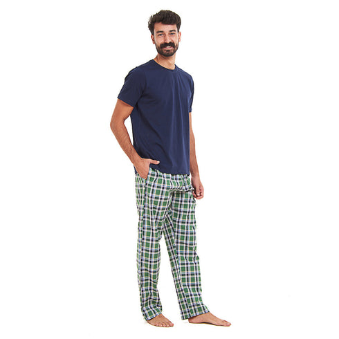 Ensemble pyjama été homme T-shirt bleu foncé + Pantalon à Carreaux Vert x Foncé