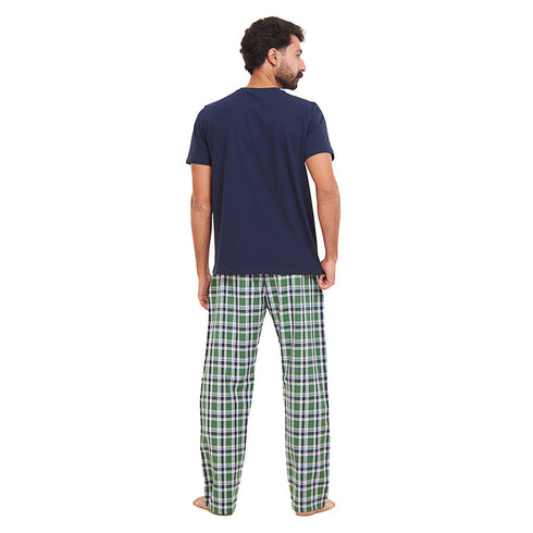 Ensemble pyjama été homme T-shirt bleu foncé + Pantalon à Carreaux Vert x Foncé