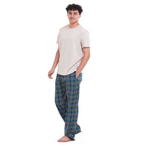 Men summer pajama set Beige T-shirt +Olive x Petroleum checkered Pants
