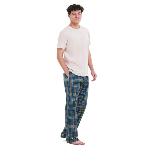 Men summer pajama set Beige T-shirt +Olive x Petroleum checkered Pants