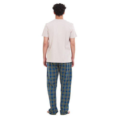 Men summer pajama set Beige T-shirt +Olive x Petroleum checkered Pants