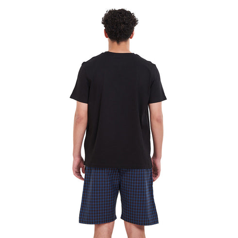 Men summer pajama set Black T-shirt + Blue x Black checkered shorts