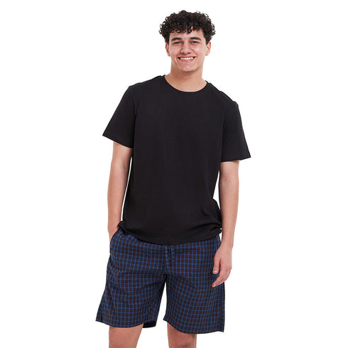 Men summer pajama set Black T-shirt + Blue x Black checkered shorts