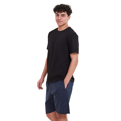 Men summer pajama set Black T-shirt + Blue x Black checkered shorts