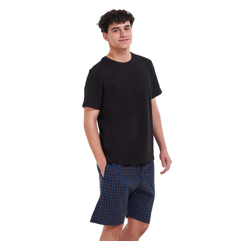 Men summer pajama set Black T-shirt + Blue x Black checkered shorts