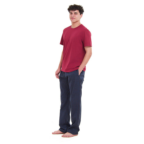 Ensemble pyjama été homme T-shirt rouge foncé + Pantalon à Carreaux Bleu x Noir