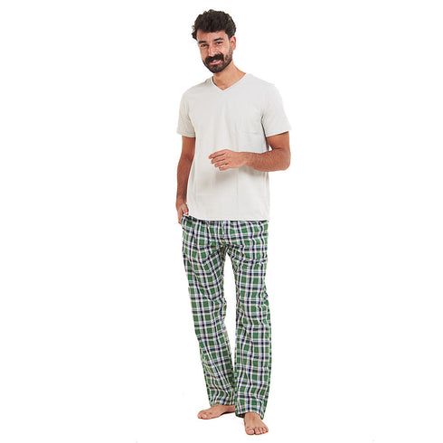 Ensemble pyjama été homme T-shirt gris+ Pantalon à Carreaux Vert x Bleu foncé