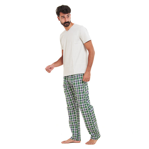 Ensemble pyjama été homme T-shirt gris+ Pantalon à Carreaux Vert x Bleu foncé