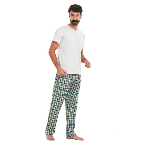 Ensemble pyjama été homme T-shirt gris+ Pantalon à Carreaux Vert x Bleu foncé