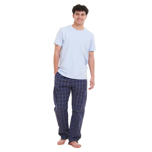 Ensemble pyjama d'été homme T-shirt bleu clair + pantalon à carreaux bleu foncé x gris