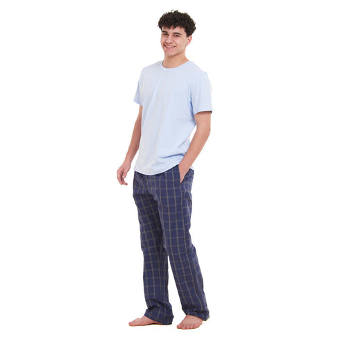 Ensemble pyjama d'été homme T-shirt bleu clair + pantalon à carreaux bleu foncé x gris
