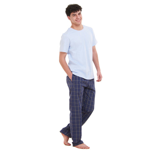 Ensemble pyjama d'été homme T-shirt bleu clair + pantalon à carreaux bleu foncé x gris