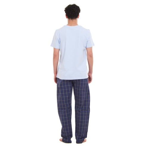 Ensemble pyjama d'été homme T-shirt bleu clair + pantalon à carreaux bleu foncé x gris
