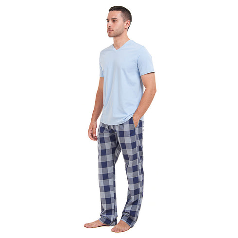 Ensemble pyjama été homme T-shirt bleu clair + Pantalon à Carreaux bleu clair X bleu