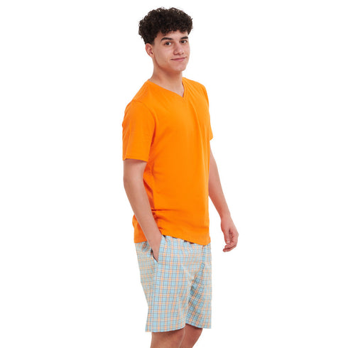 Ensemble pyjama été homme T-shirt Orange + Short à carreaux Orange x Turquoise
