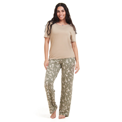 Ensemble pyjama d'été femme T-shirt beige + pantalon pastel