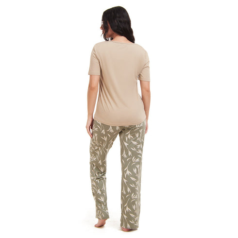 Ensemble pyjama d'été femme T-shirt beige + pantalon pastel