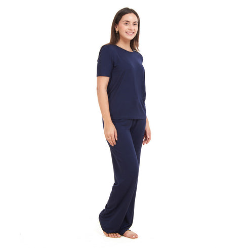 Ensemble pyjama d'été femme T-shirt + pantalon bleu foncé