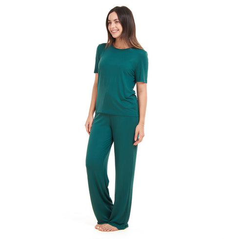 Ensemble pyjama d'été femme T-shirt vert foncé + pantalon