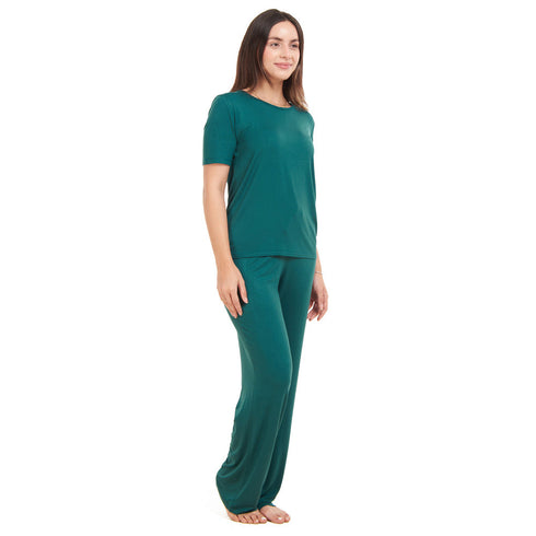 Ensemble pyjama d'été femme T-shirt vert foncé + pantalon