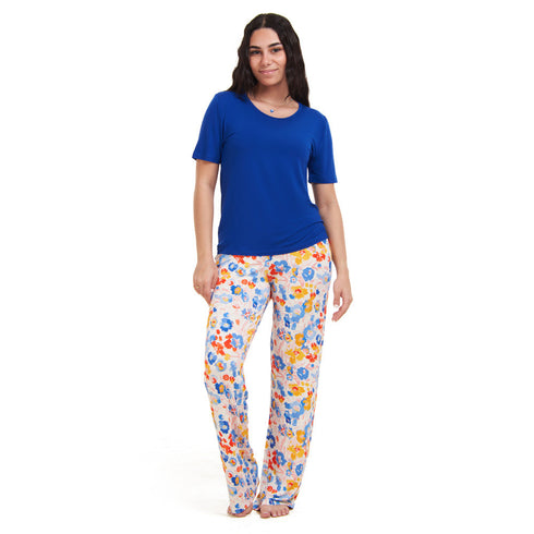 Ensemble pyjama d'été femme T-shirt bleu royal + pantalon fleurs colorées