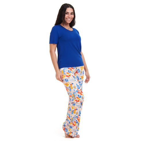 Ensemble pyjama d'été femme T-shirt bleu royal + pantalon fleurs colorées