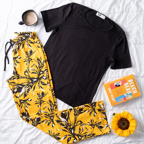 Ensemble pyjama d'été femme, T-shirt noir + pantalon à motif feuilles