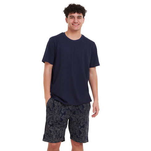 Ensemble pyjama d'été homme T-shirt bleu foncé + short feuilles d'arbre beiges
