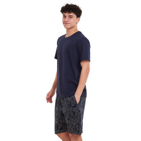 Ensemble pyjama d'été homme T-shirt bleu foncé + short feuilles d'arbre beiges