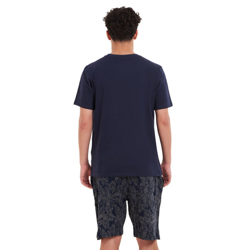 Ensemble pyjama d'été homme T-shirt bleu foncé + short feuilles d'arbre beiges