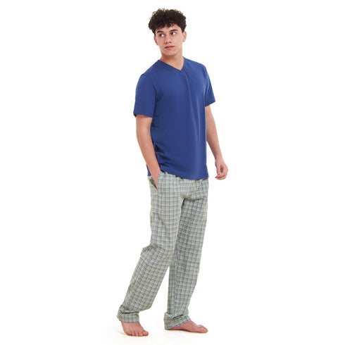 Ensemble pyjama été homme T-shirt Indigo + Pantalon à Carreaux Olive x Indigo